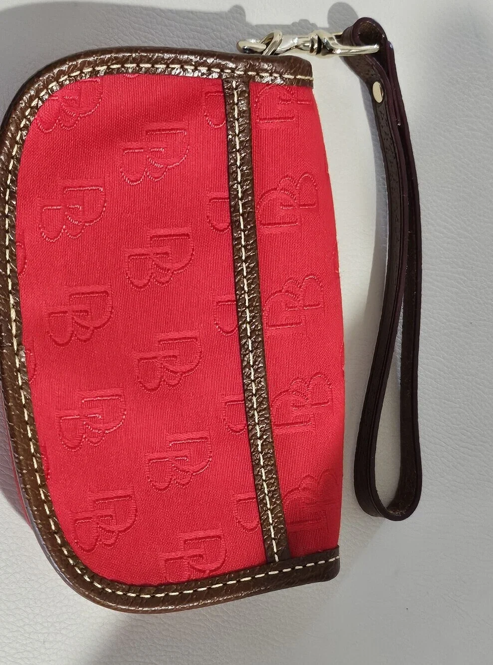 Dooney & Bourke Red Monogram Wristlet Pouch Brown Trim Smal Clutch Wallet.